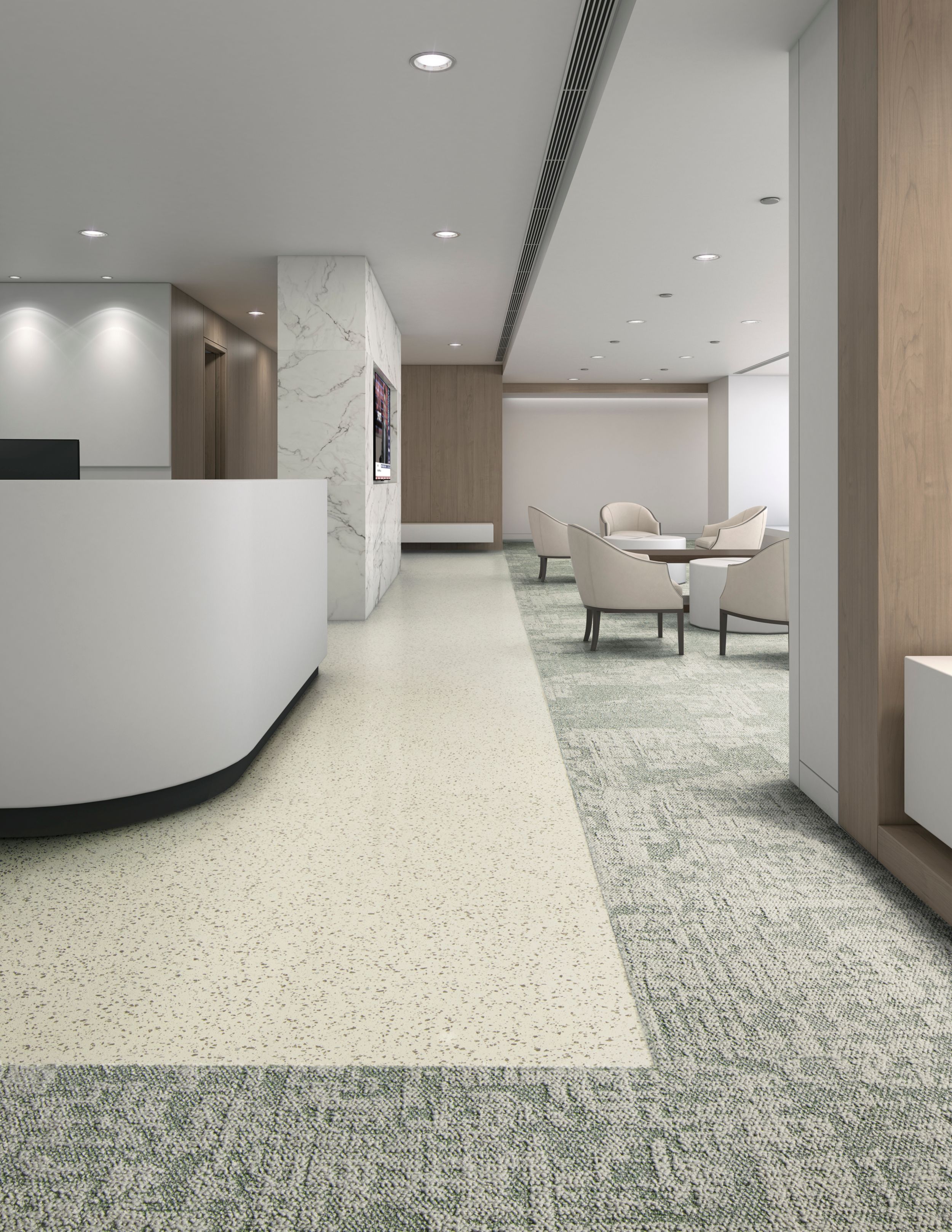 Interface In Motion and Shift Point carpet tile with nora by Interface norament pado rubber flooring in reception area and waiting room Bildnummer 8
